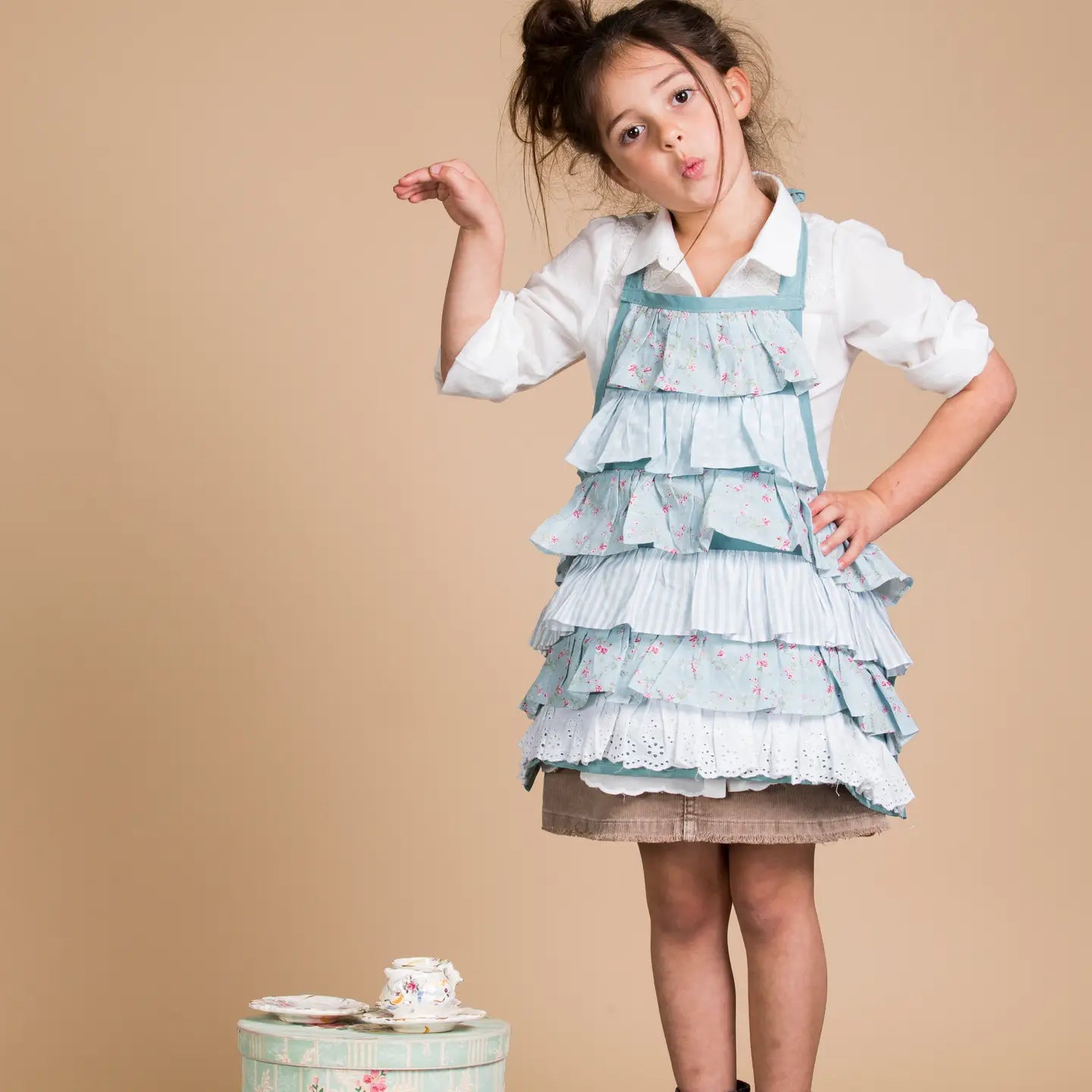 Miss Rose Sister Violet - Powdered Blue Ruffle Floral Kids Apron