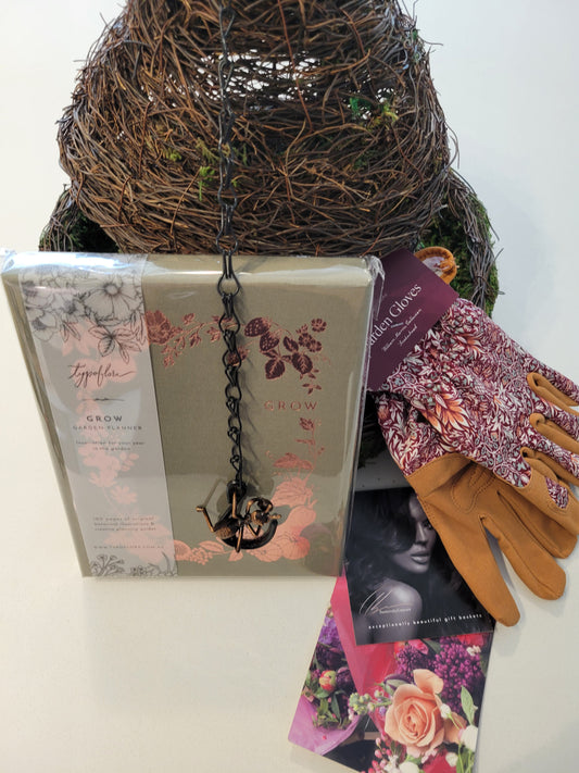 LUXURY GARDENING GIFT BASKET 'Garden Escapes' - Exquisite Botanical Garden Planner & Journal, Gazebo Woven Birdhouse, William Morris Fitted Snakehead Gardening Gloves, Copper Ant Incense Holder