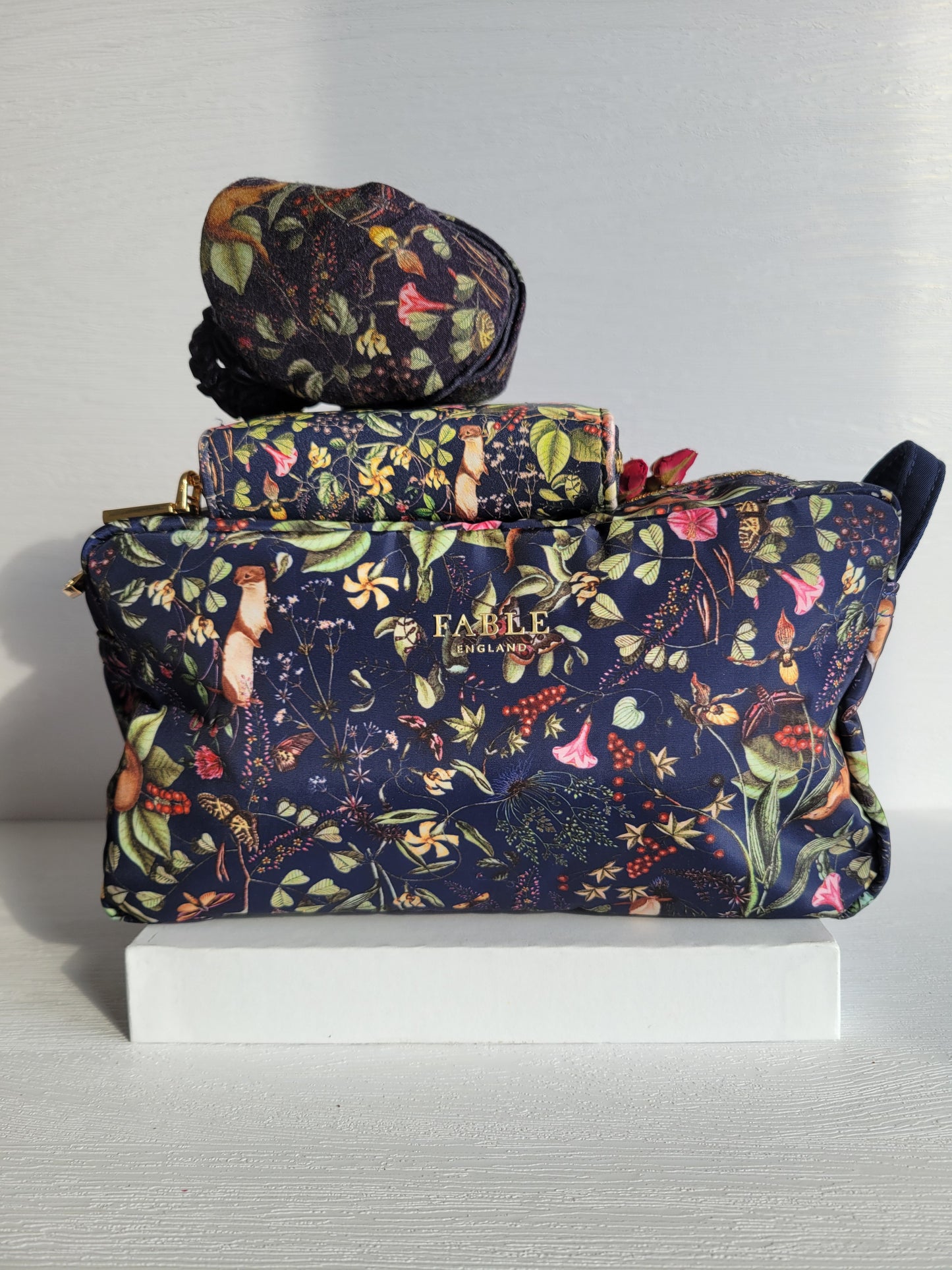 LUXURY BOUTIQUE GIFT 'Take Me Away' - FABLE ENGLAND Navy Forest Garden Cosmetic Bag with matching Forest Garden Sleep Mask