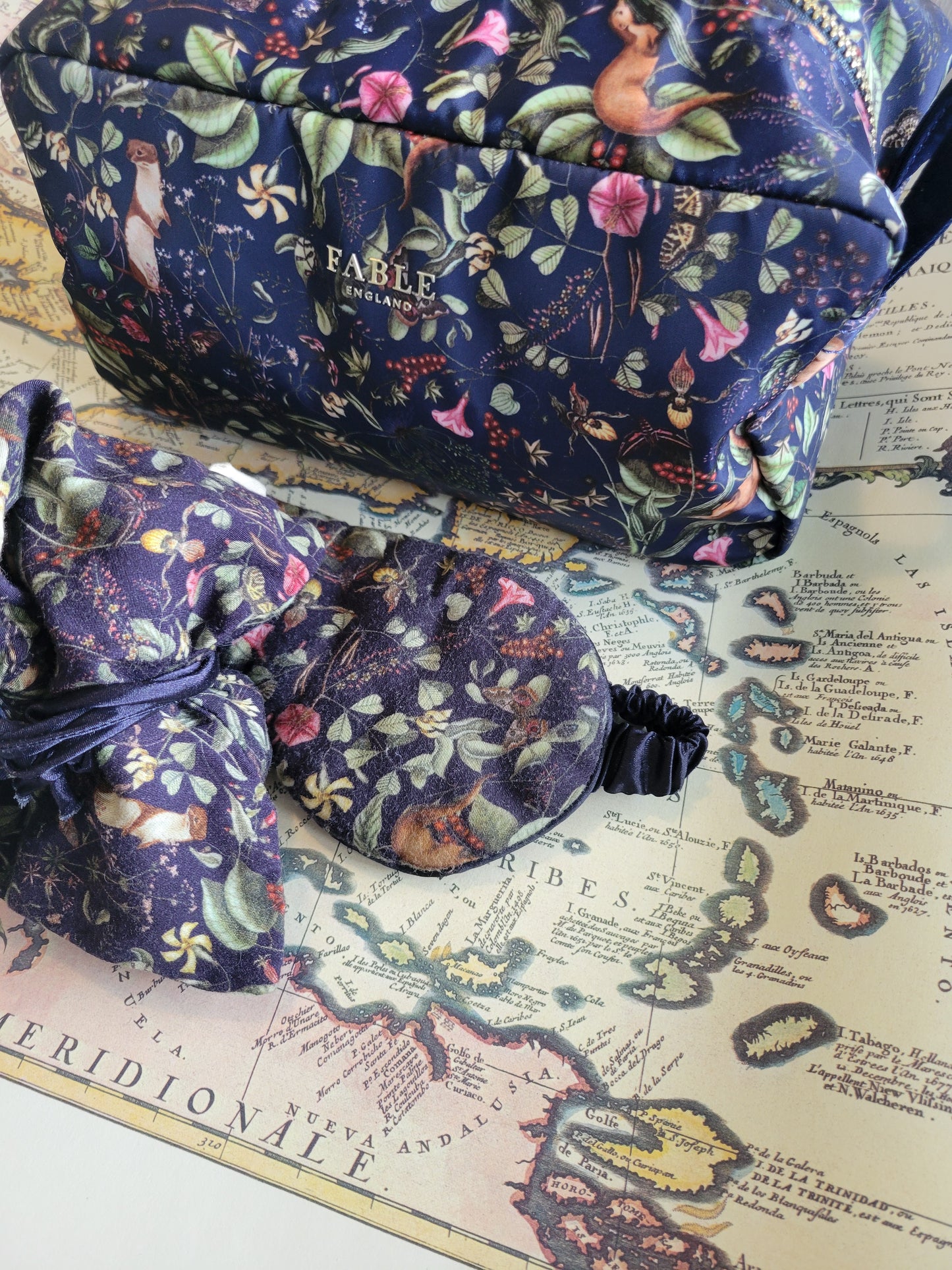 LUXURY BOUTIQUE GIFT 'Take Me Away' - FABLE ENGLAND Navy Forest Garden Cosmetic Bag with matching Forest Garden Sleep Mask
