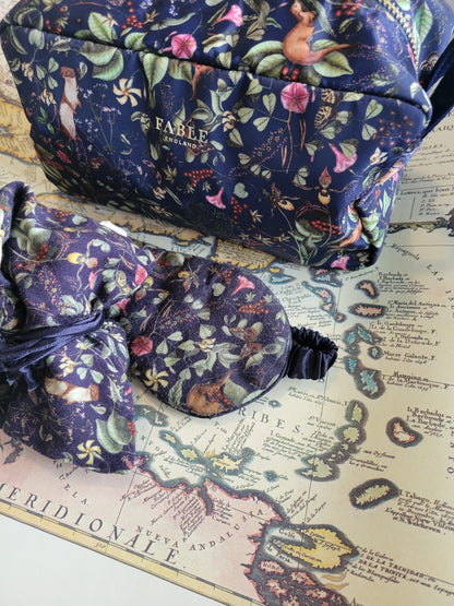 LUXURY BOUTIQUE GIFT 'Take Me Away' - FABLE ENGLAND Navy Forest Garden Cosmetic Bag with matching Forest Garden Sleep Mask