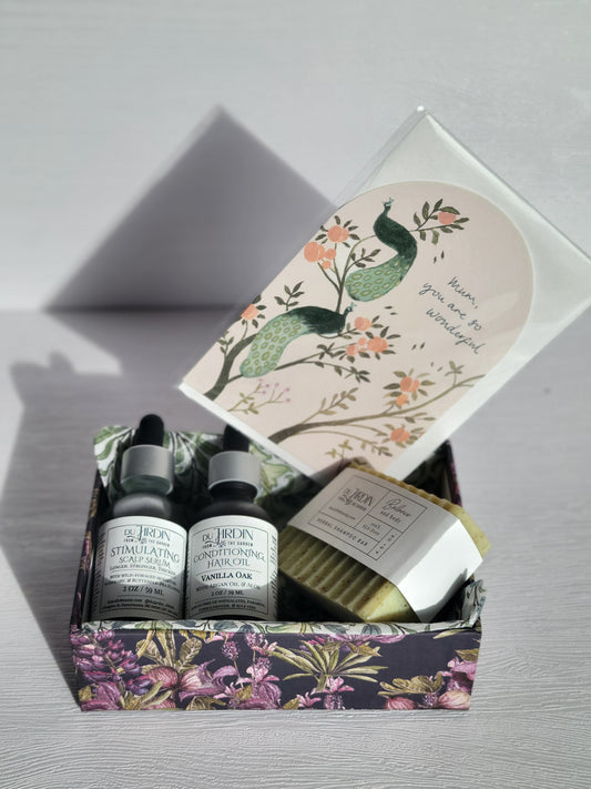 LUXURY SPA GIFT HAIRCARE 'Scrumptuous' DU JARDIN BEAUTY Peppermint Rosemary & Tea Tree Hair Bar, Vanilla Oak or Tiare Monoi (Tahitian Gardenia) Conditioning Hair Oil, Wild-Foraged Horsetail & Nettle Stimulating Scalp Serum