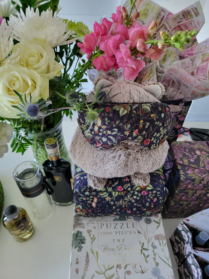 LUXURY BOUTIQUE GIFT 'Take Me Away' - FABLE ENGLAND Navy Forest Garden Cosmetic Bag with matching Forest Garden Sleep Mask