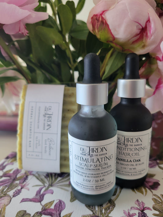 LUXURY SPA GIFT HAIR CARE 'Scrumptuous' DU JARDIN BEAUTY Peppermint Rosemary & Tea Tree Hair Bar, Vanilla Oak or Tiare Monoi (Tahitian Gardenia) Conditioning Hair Oil, Wild-Foraged Horsetail & Nettle Stimulating Scalp Serum