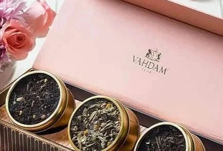 6 LUXURY TEA LOVER GIFT BASKET 'Ruby' - Black and Gold Glass Tea Tumbler, Vahdam Premium Loose Leaf Assorted Teas, Wildflowers 2025 Planner, Floral Vintage Mini Bluetooth Speaker