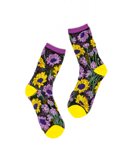 Sock Candy - Mixed Sunflowers Black Sheer Crew Sock COMING SOON