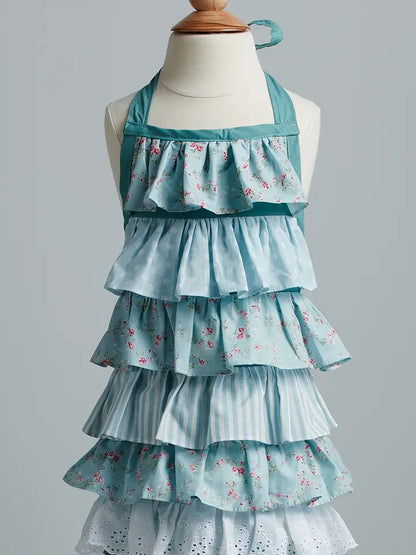 Miss Rose Sister Violet - Powdered Blue Ruffle Floral Kids Apron